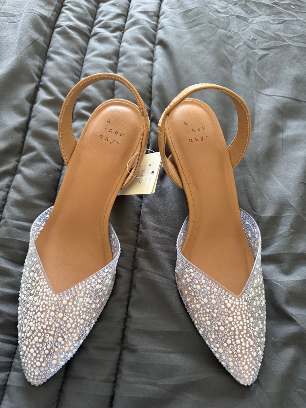 a new day Pearl & Crystal Embellished Pointed Slingback Flats in Light Silver